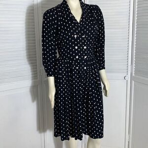 Vintage Navy Blue and White Polka Dot Long Sleeve Dress